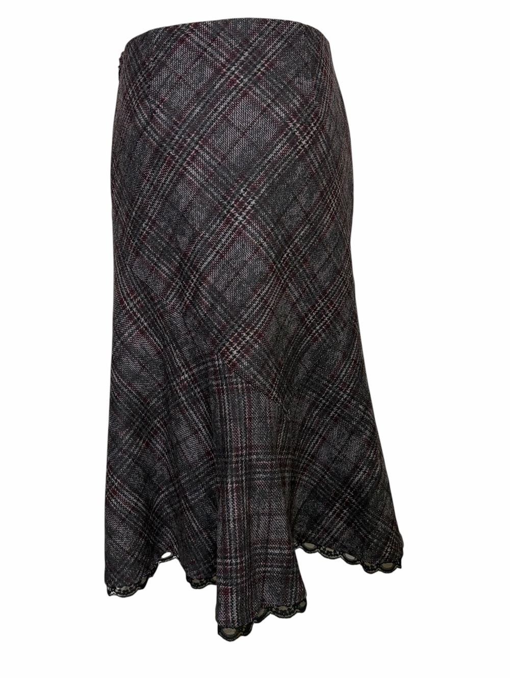 VTG 90s Express Black Plaid Lace Trim Maxi Skirt